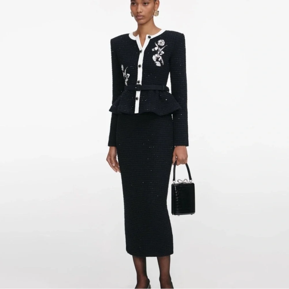 Self-Portrait Black Floral Textured Knit Midi Dress - Picture 1 of 6